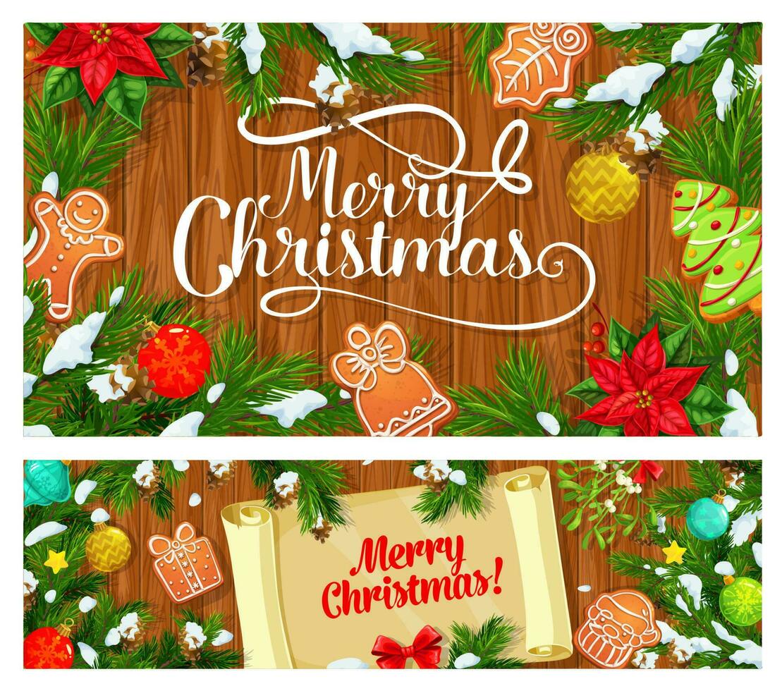 Christmas tree, gifts and mistletoe with scroll vector