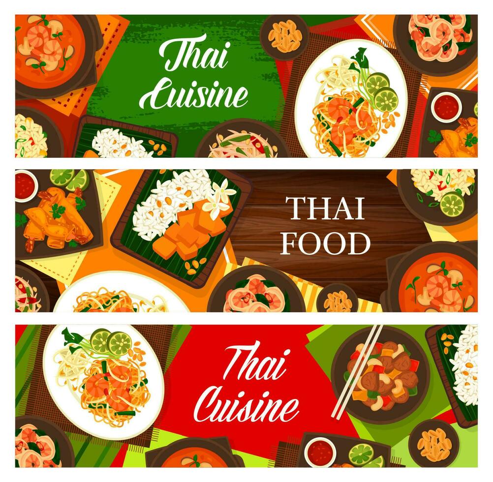 Thai food, Thailand cuisine cartoon vector banners