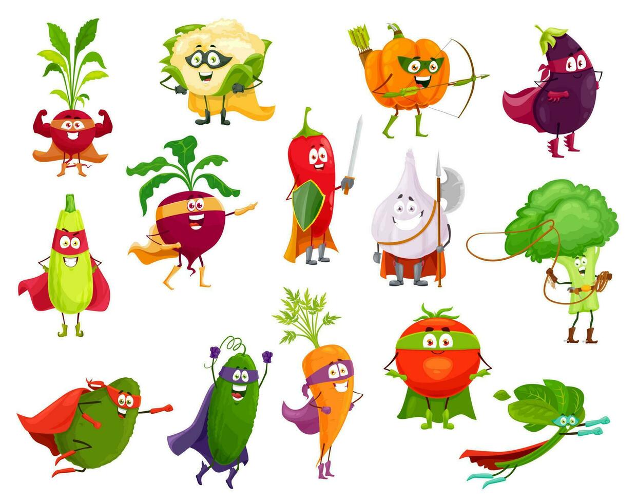 vegetales súper héroes vector dibujos animados verduras conjunto