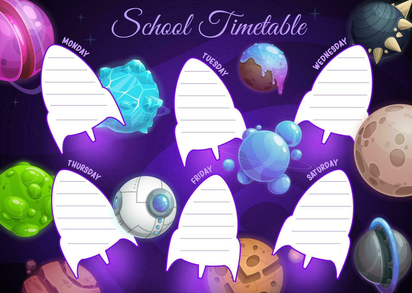 Education school timetable with fantasy planets vector