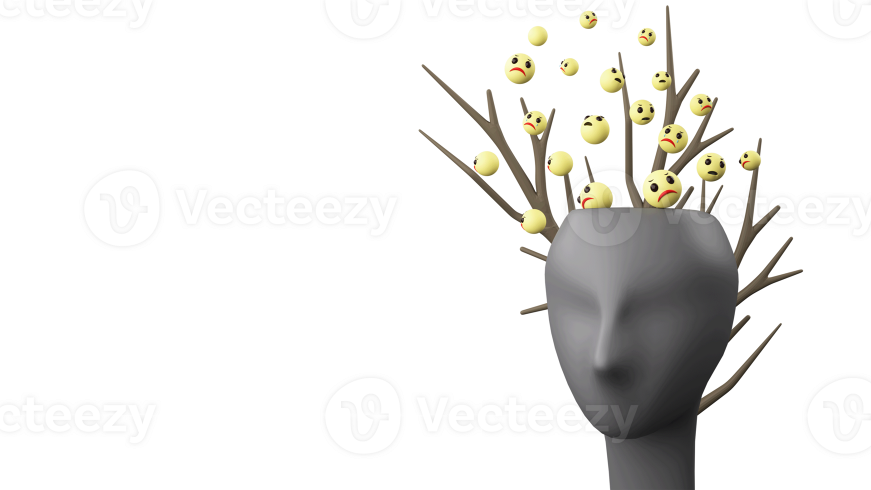Mannequin Face With Sad Emojies, Bare Tree Or Branch In Open Head And Copy Space For Mental Healthcare Concept. png