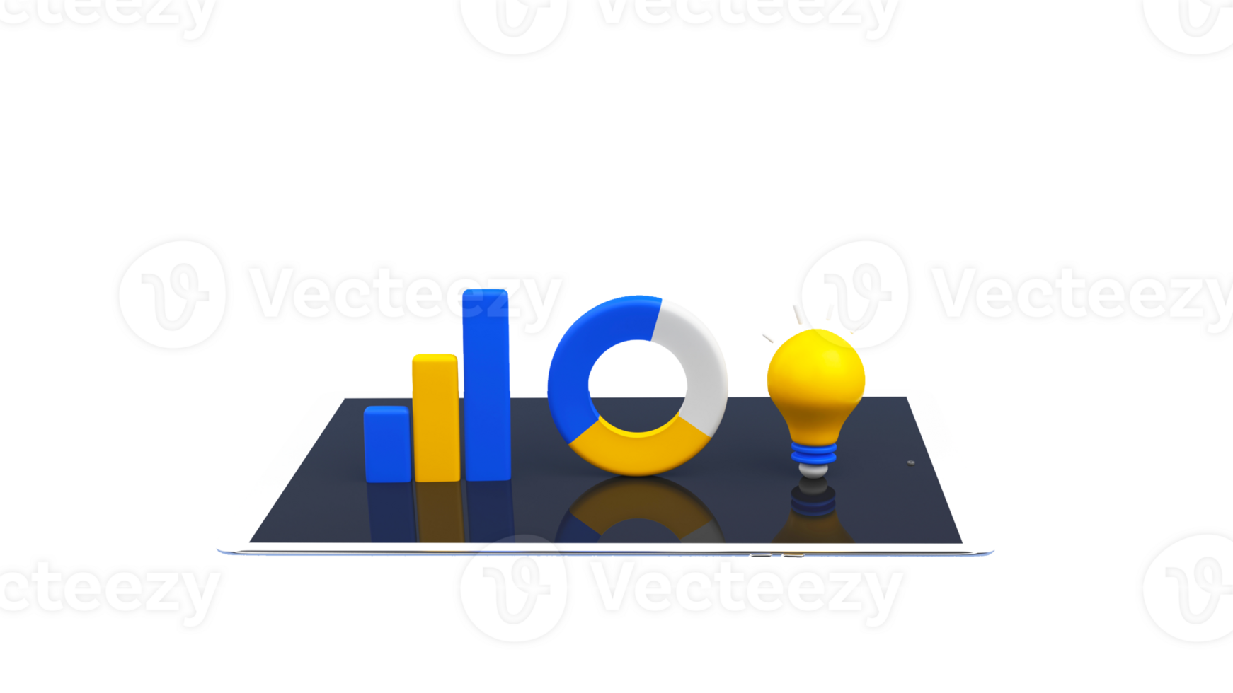 3D Render of Bar Graph With Pie Chart, Light Bulb Over Smartphone Screen. png