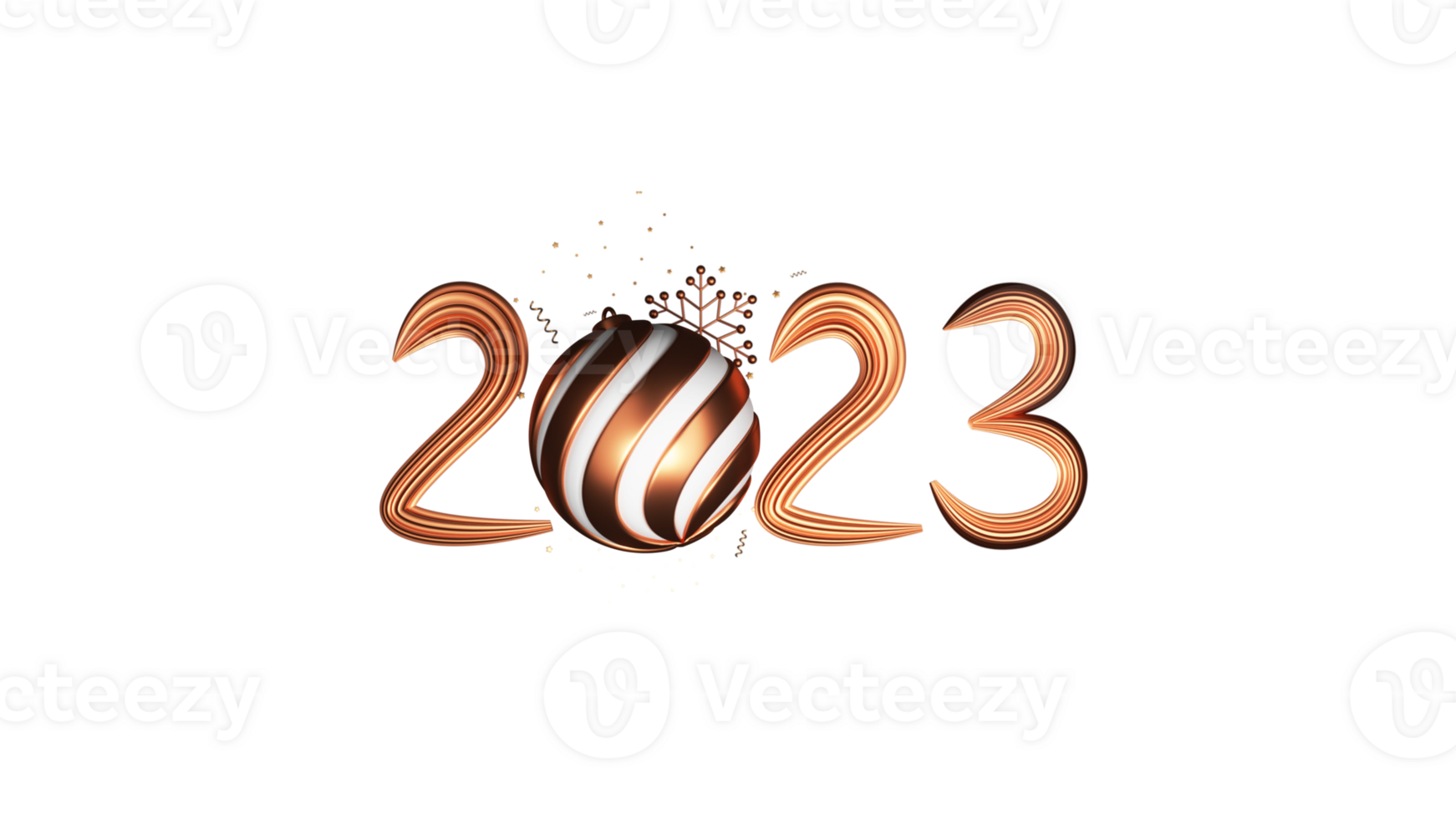 3D Golden 2023 Number With Bauble, Snowflake, Stars. png