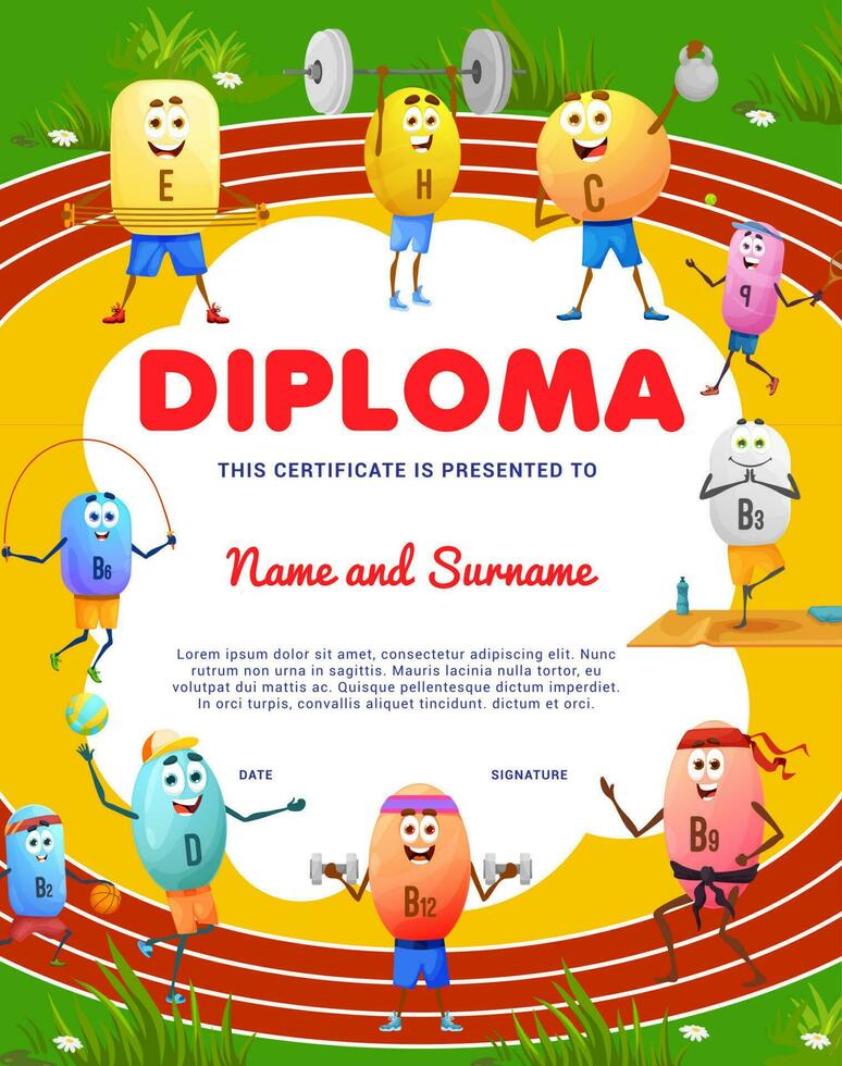 Kids diploma, cartoon vitamins on sport field vector