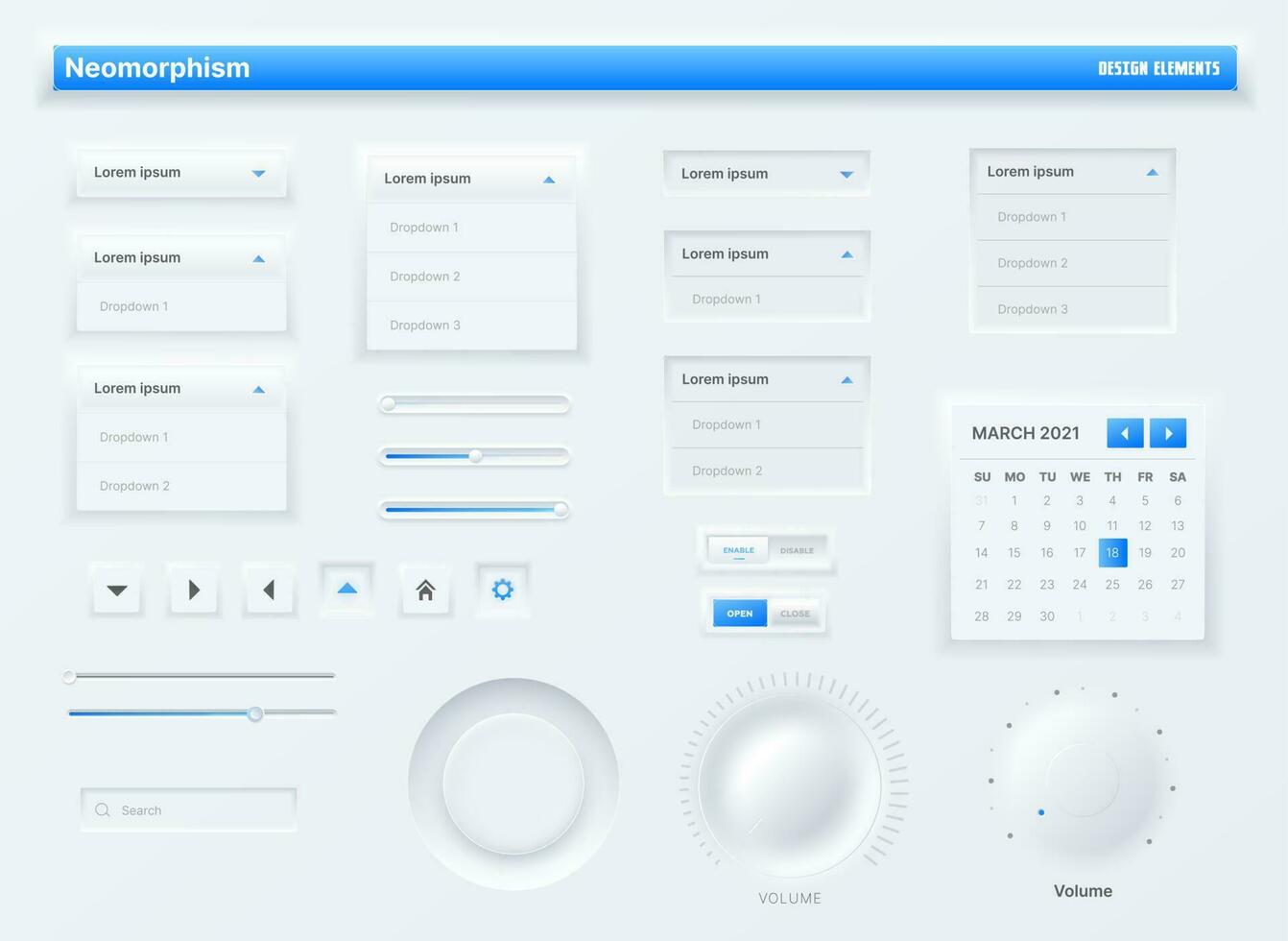 Neumorphic UI, user interface buttons, search bars vector