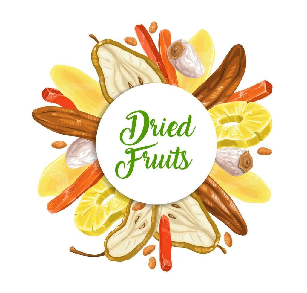 Dried sweet fruits dessert vector round frame