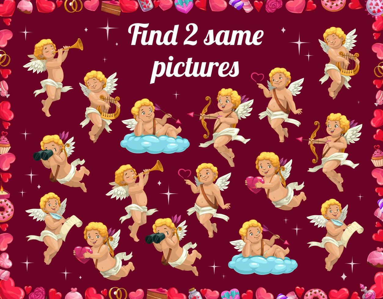 Kids game find two same pictures of cartoon cupids vector