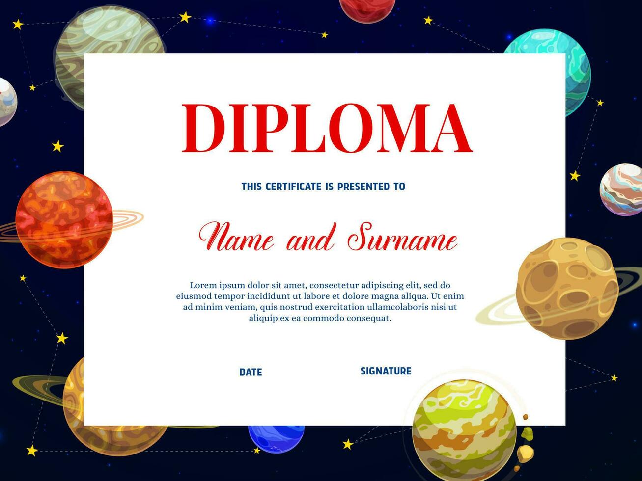 Child education diploma template with planets vector