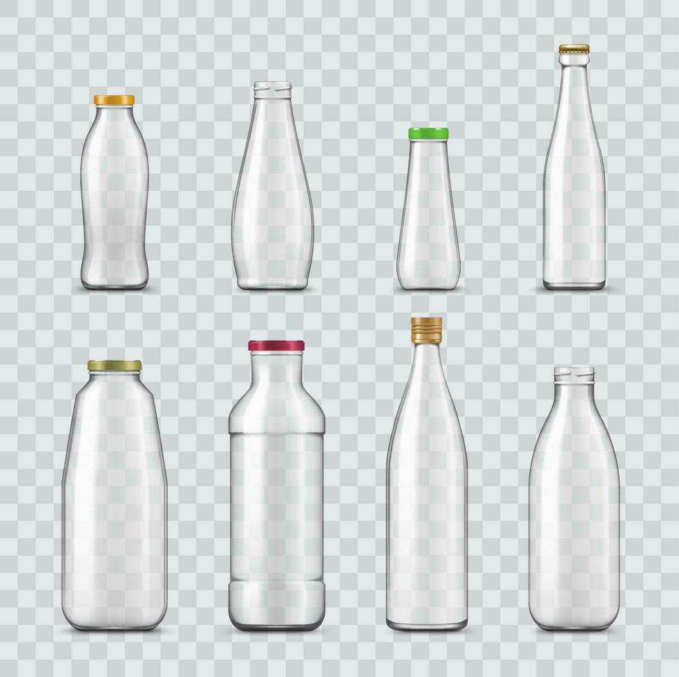 Bottle and jar realistic mockups, glass containers vector