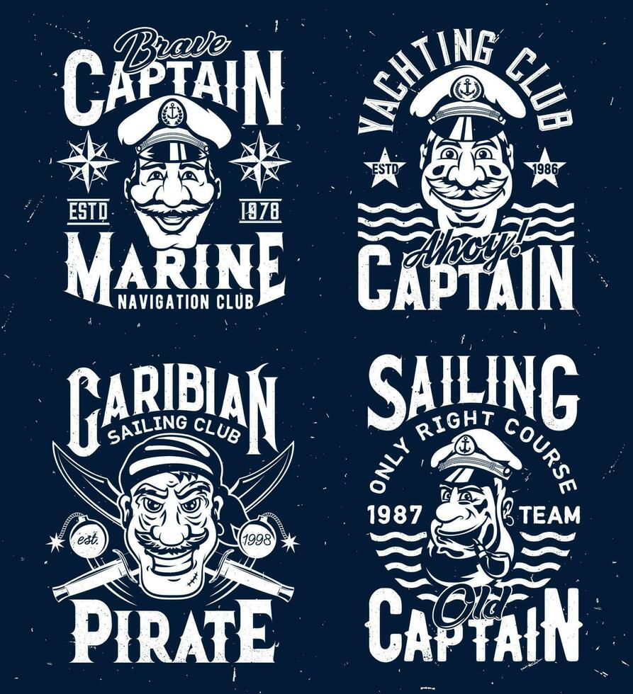 Tshirt prints with captains and pirate mascots vector