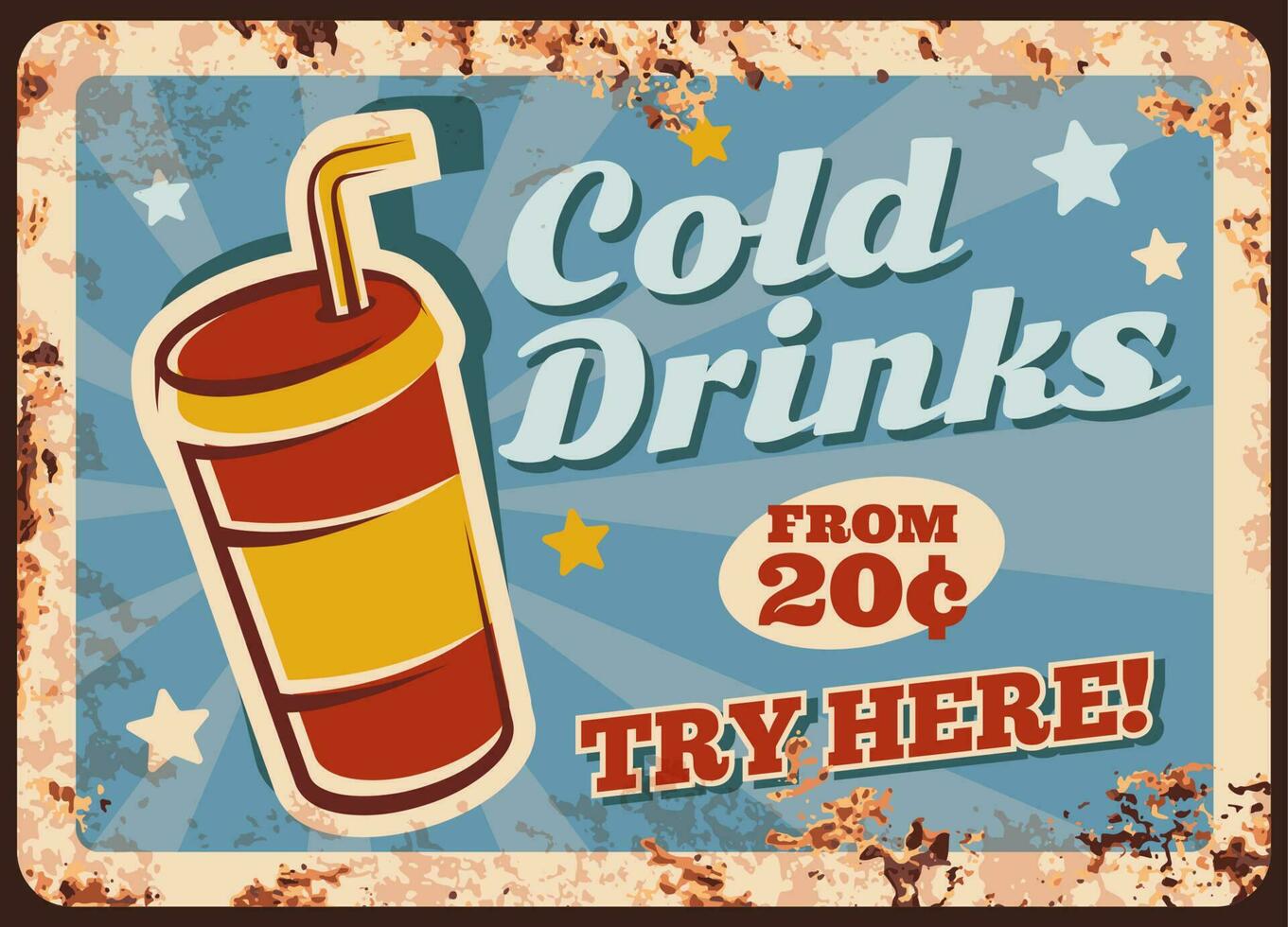 Cold drinks rusty metal plate, vector beverage