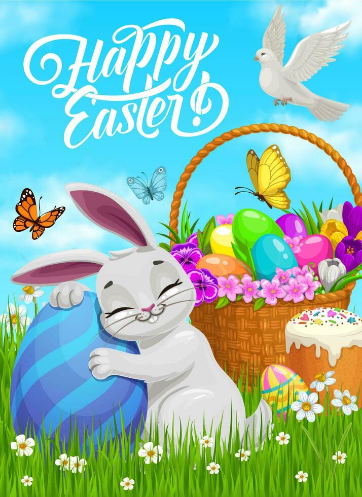 contento Pascua de Resurrección vector póster, conejito abrazo pintado huevo