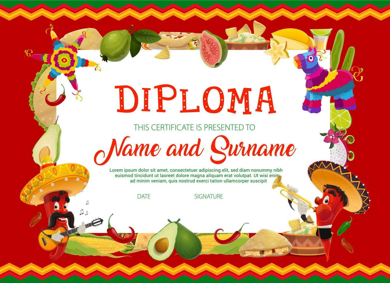 School diploma with cinco de mayo chili peppers vector