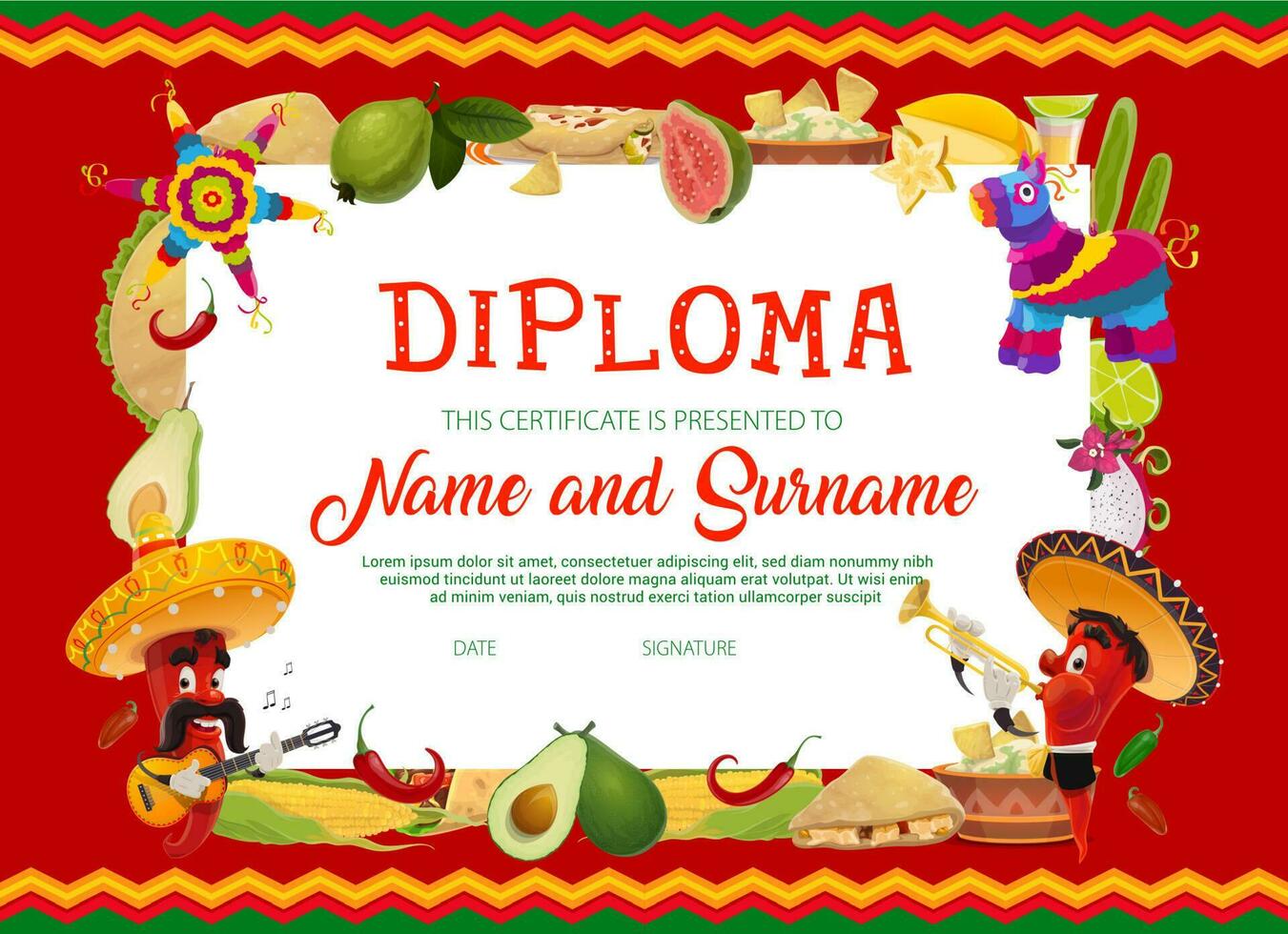 colegio diploma con cinco Delaware mayonesa chile pimientos vector