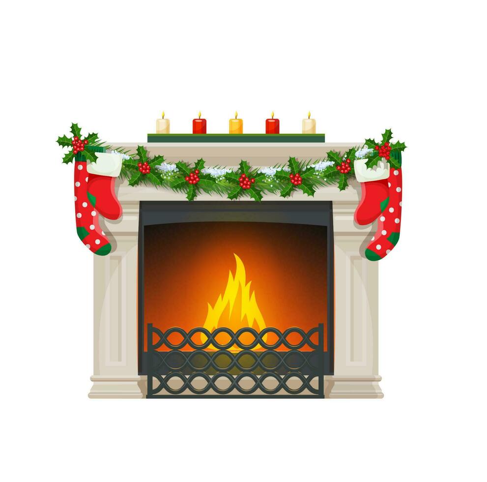 Christmas fireplace with socks, home fire place vector