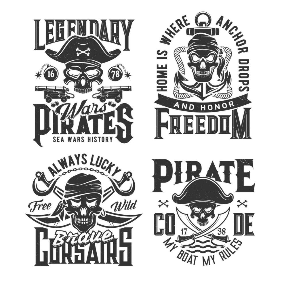 Pirate or corsairs skulls grunge prints templates vector