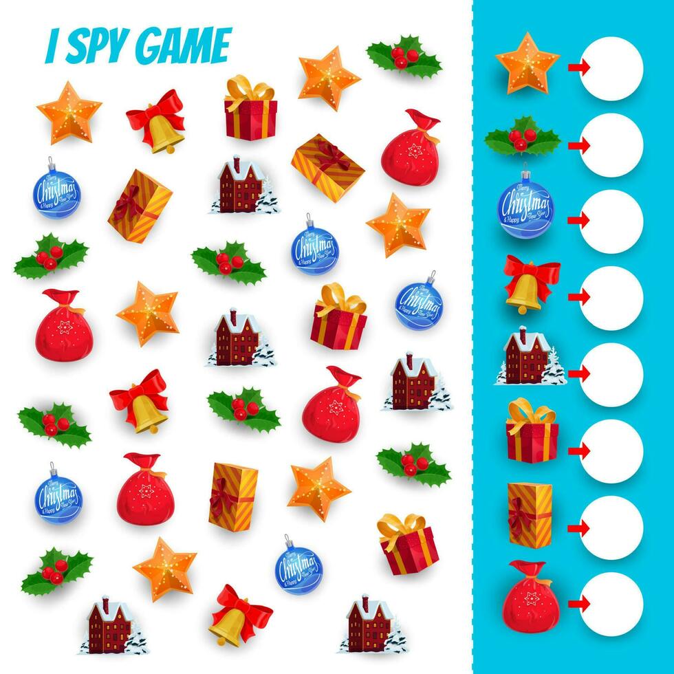 yo espía juego de Navidad regalos contando rompecabezas vector