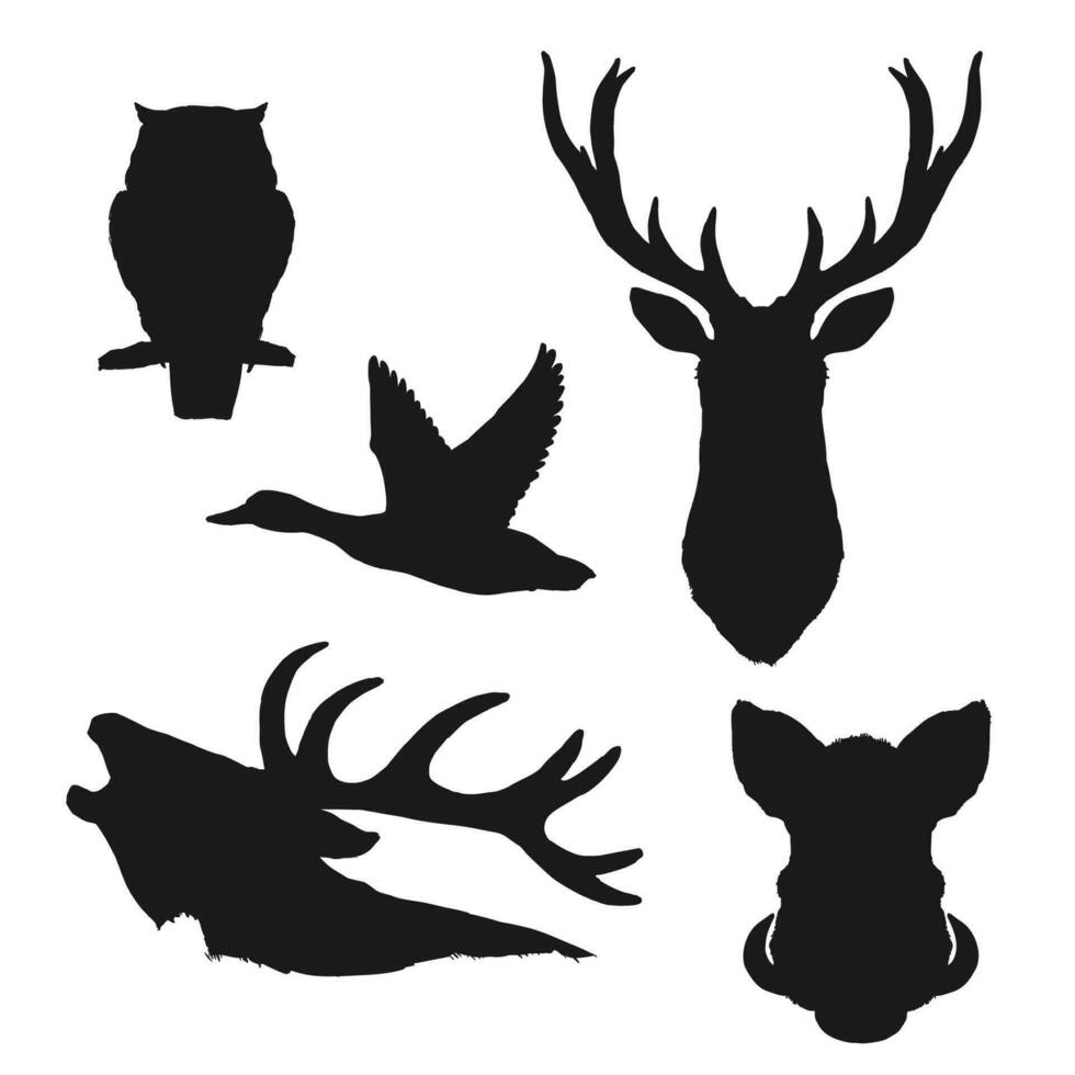 Animal, bird isolated silhouettes, hunting sport vector