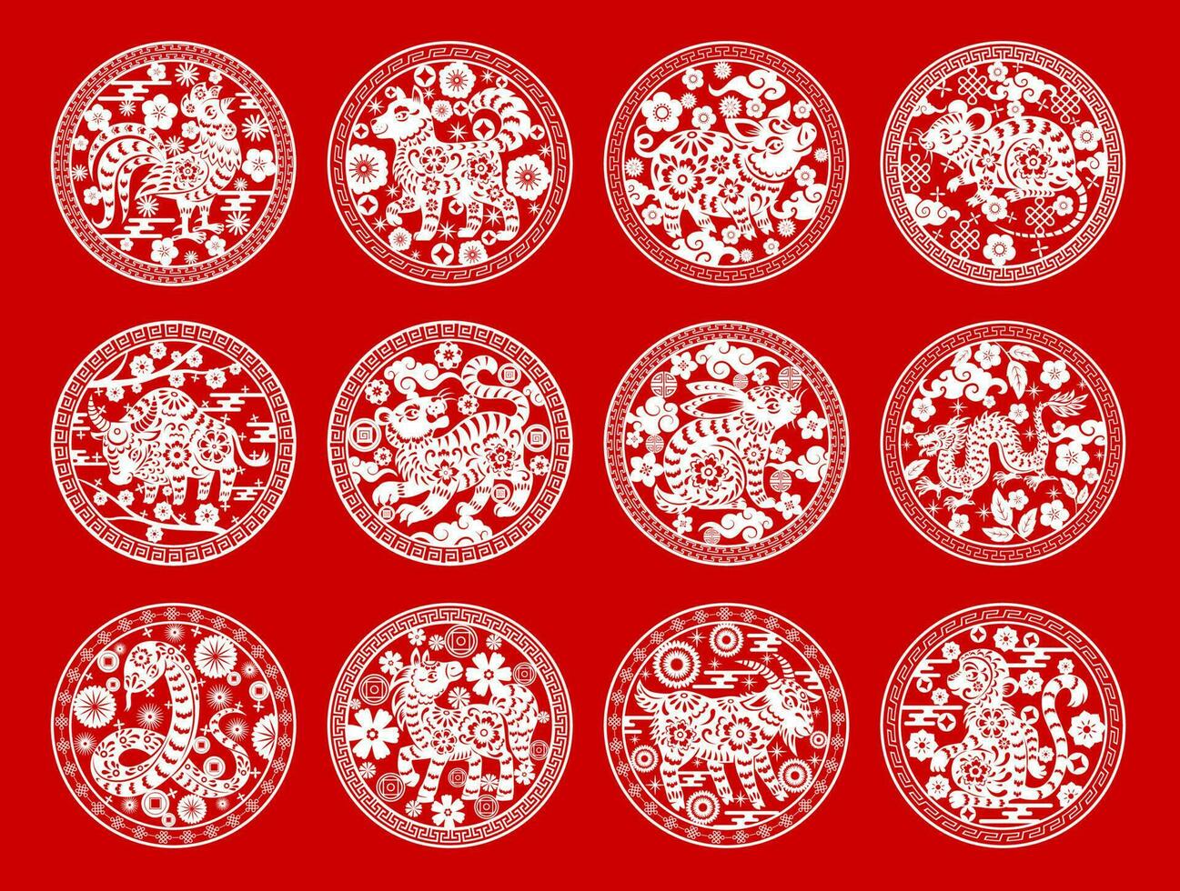 Chinese zodiac animals isolated vector icons set