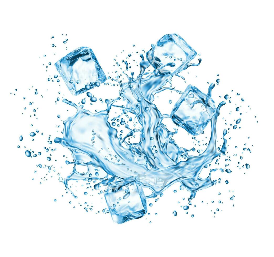 congelado hielo cubitos en agua salpicaduras, líquido ola vector
