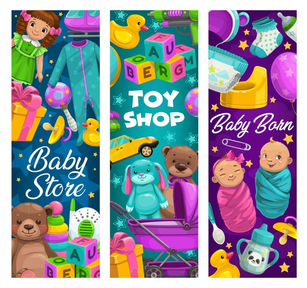 Baby care, toys shop, cartoon kids stuff vector