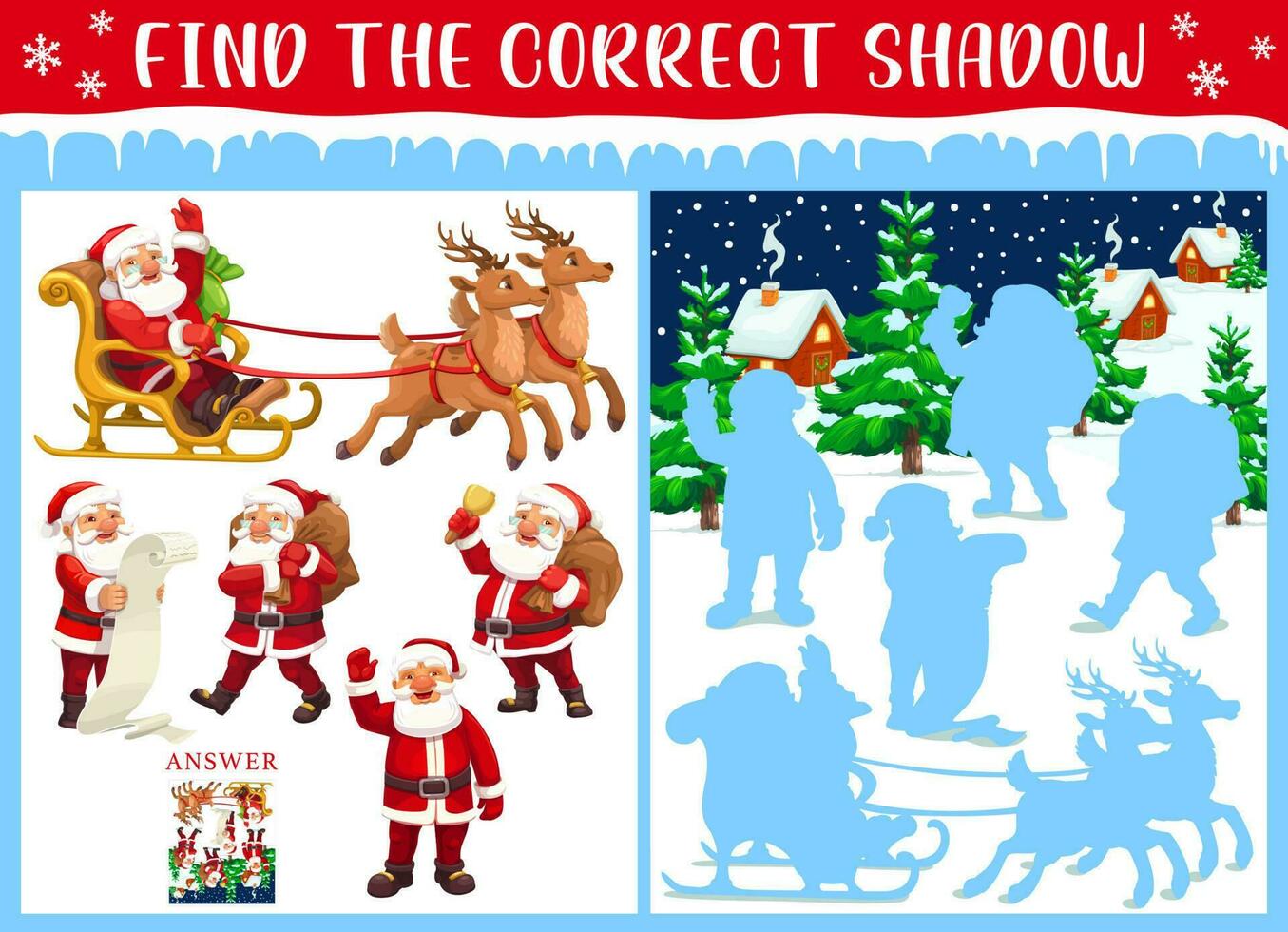 Christmas game, find correct shadow of Santa Claus vector