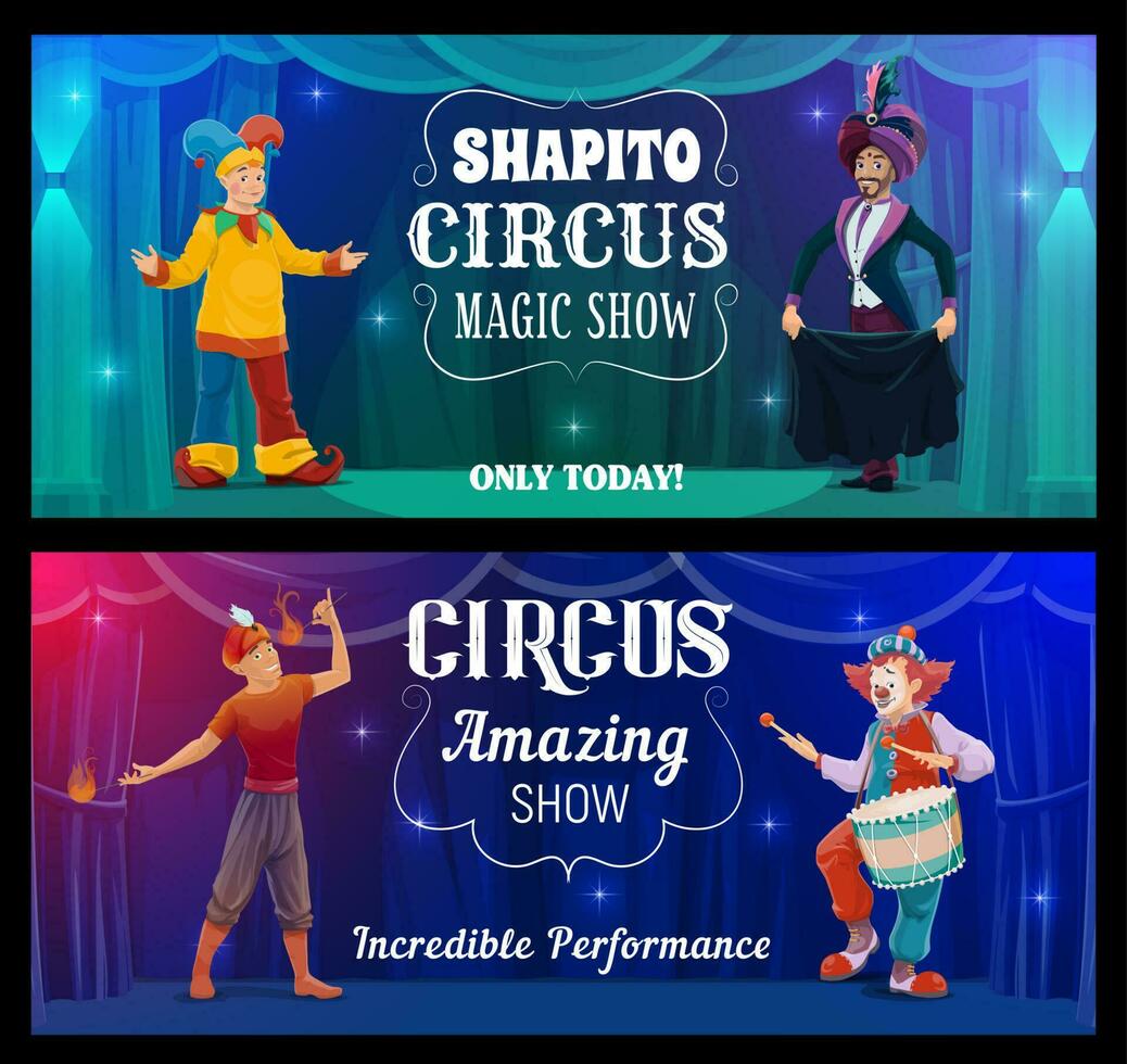 Circus performers on big top arena, carnival show vector