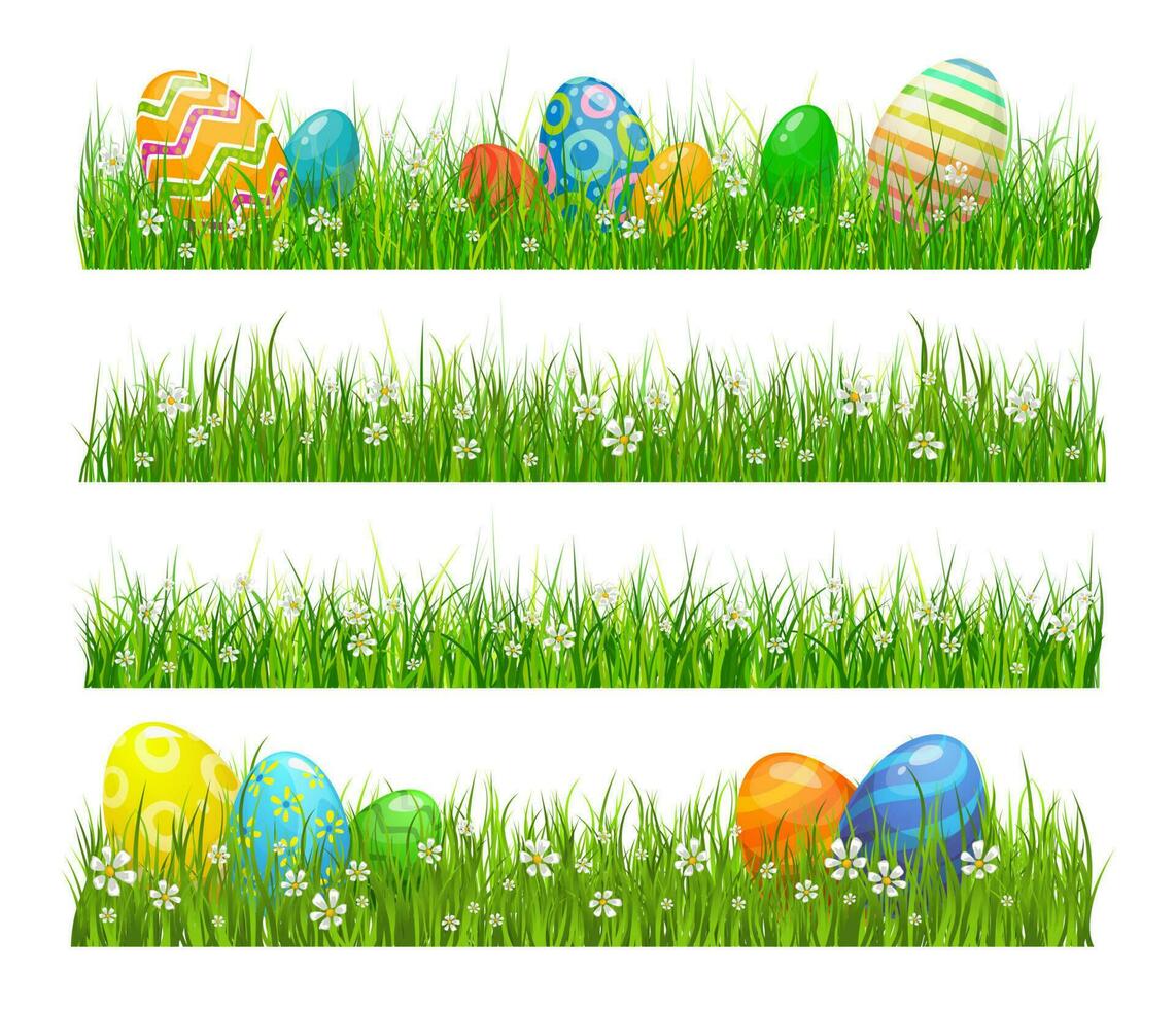 Easter green grass with eggs, flowers vector