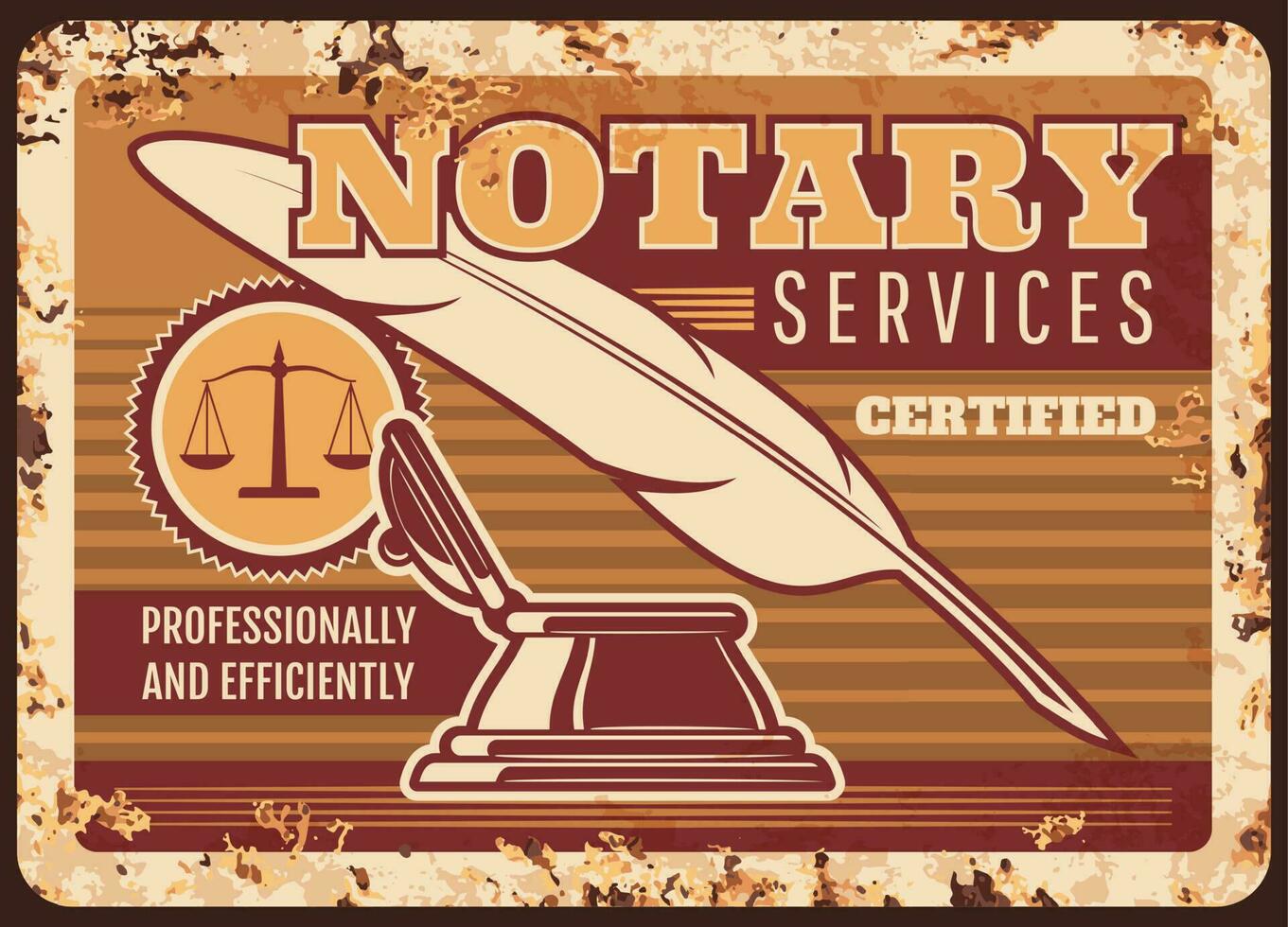 Notary services metal plate rusty, legal lawyer vector