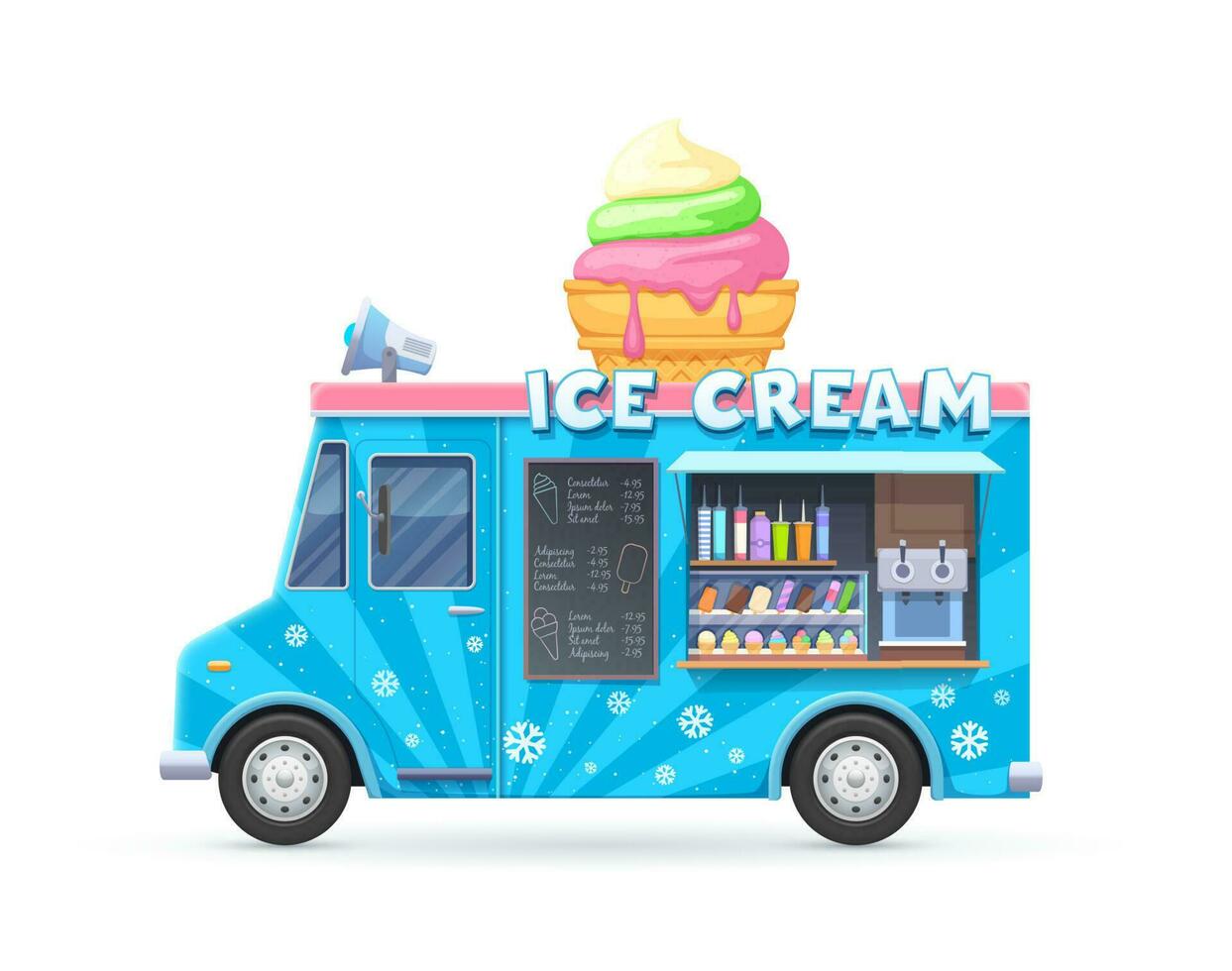 Ice cream food truck, isolated vector cartoon car
