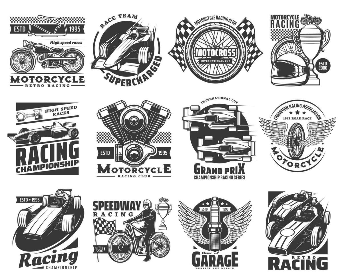 Motorcycle and car racing, Grand Prix rides icons vector