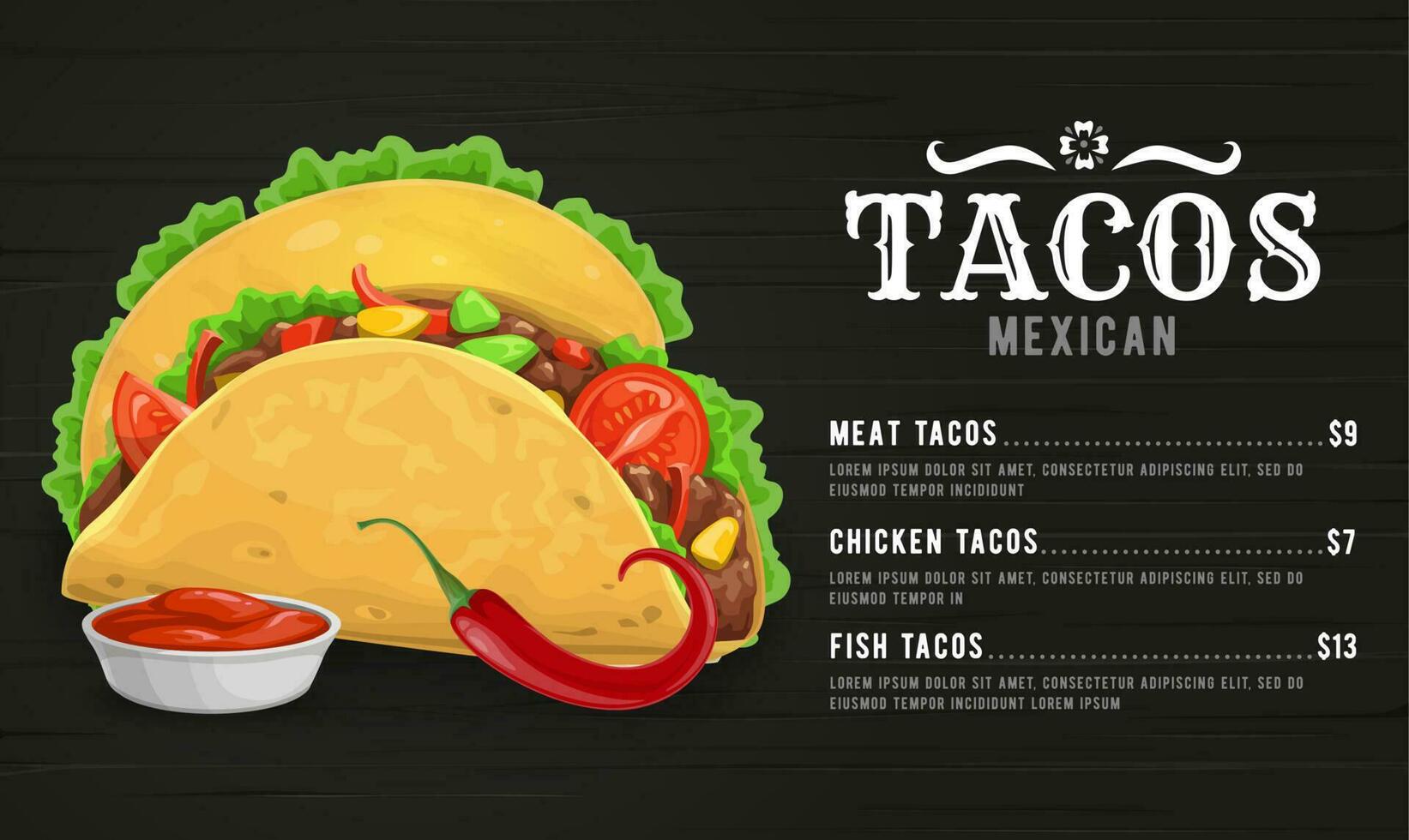 Taco menu template of Mexican cuisine restaurant vector