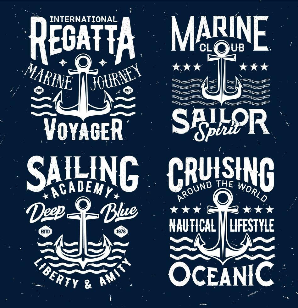 Tshirt prints with anchors and sea waves design vector