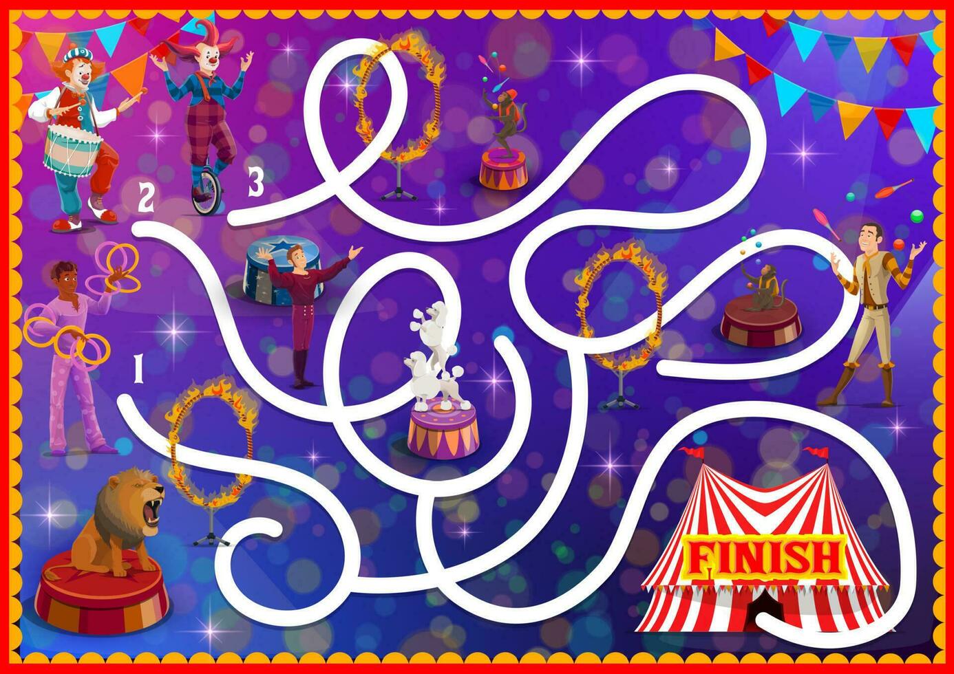 Kids labyrinth maze game with circus characters vector