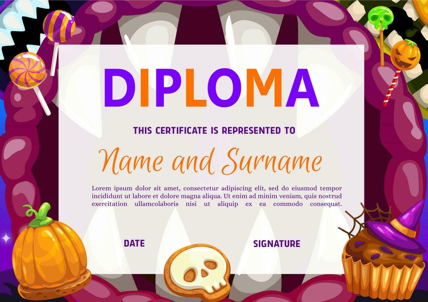 niños diploma Víspera de Todos los Santos vector dulces y calabaza