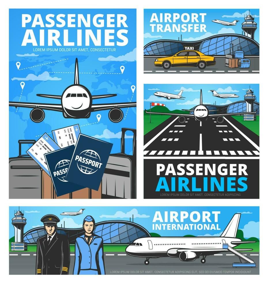 Aviation vector retro posters. Passengers airlines