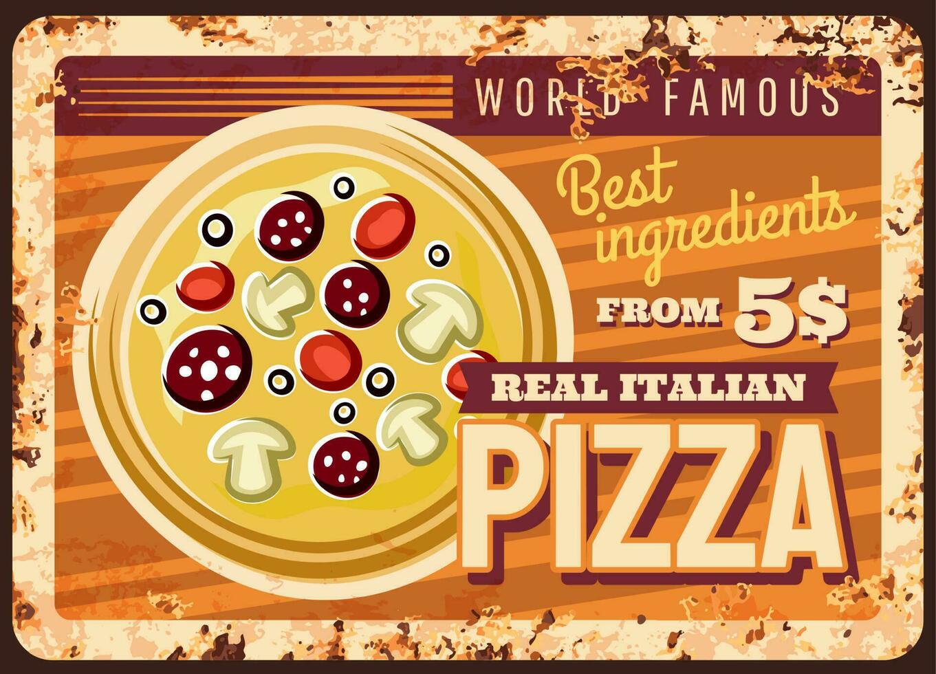 Italian pizza rusty metal plate, vector fast food