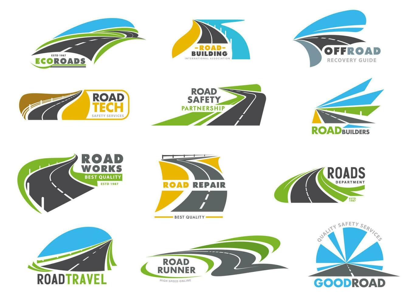 Highway road, driveway and speedway icons set vector