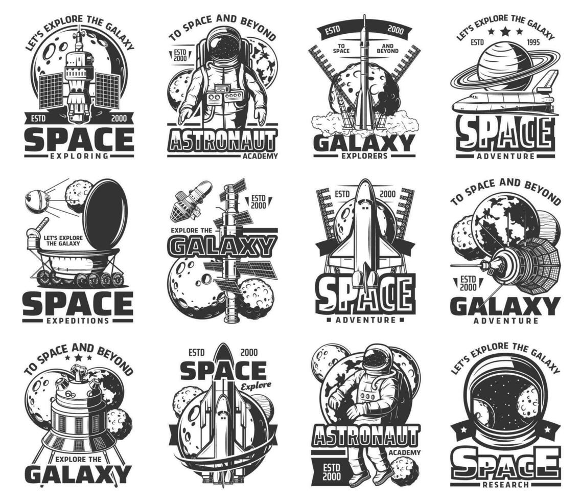 Outer space galaxy exploration, astronauts icons vector