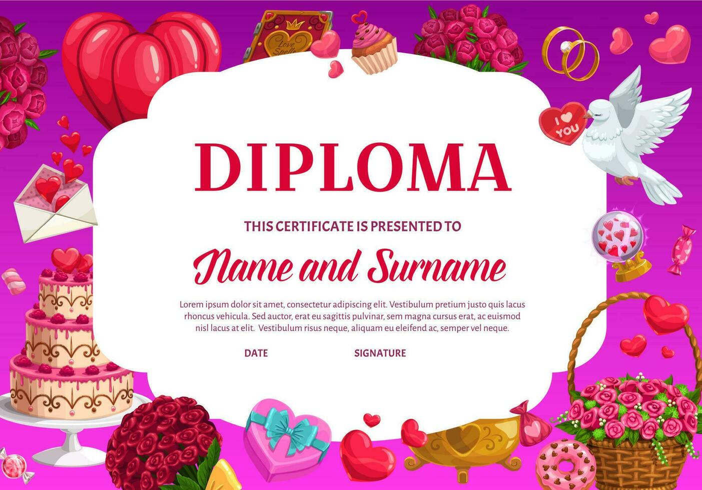 Valentines day education diploma vector template,
