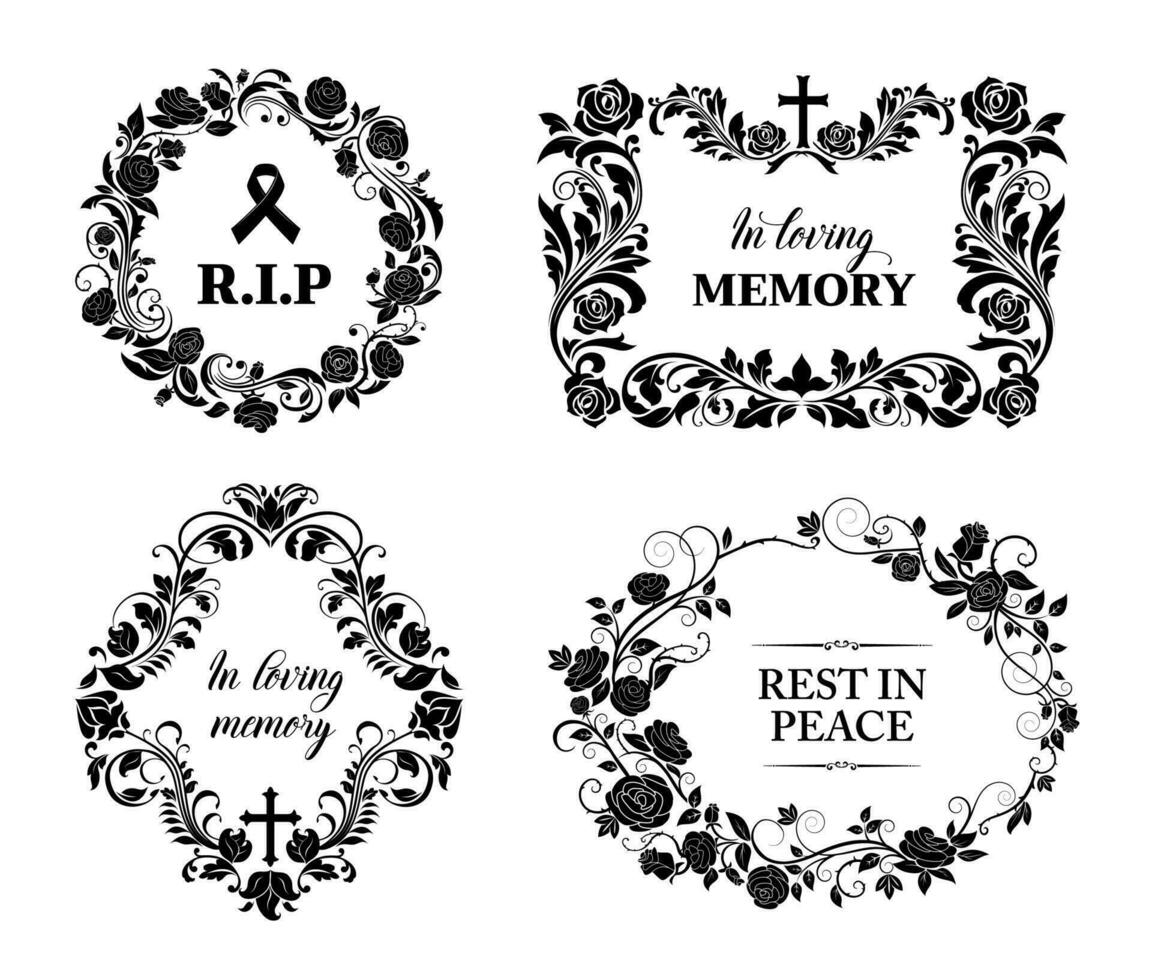 Funeral and obituary condolence cards, RIP flowers vector