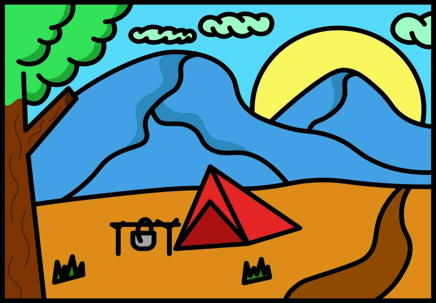 Line illustration pack. mountain view and campsite vector