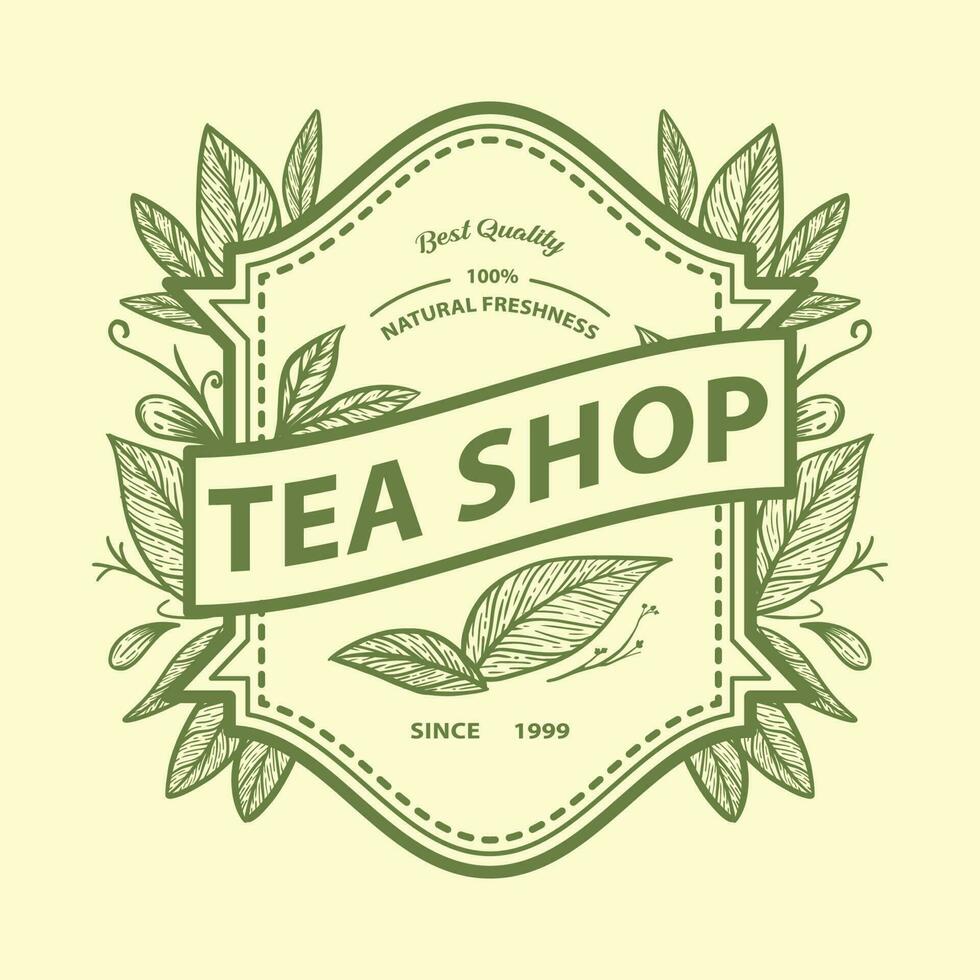 Hand drawn tea shop logo design with illustration of tea leaves on vintage emblem stamp vector