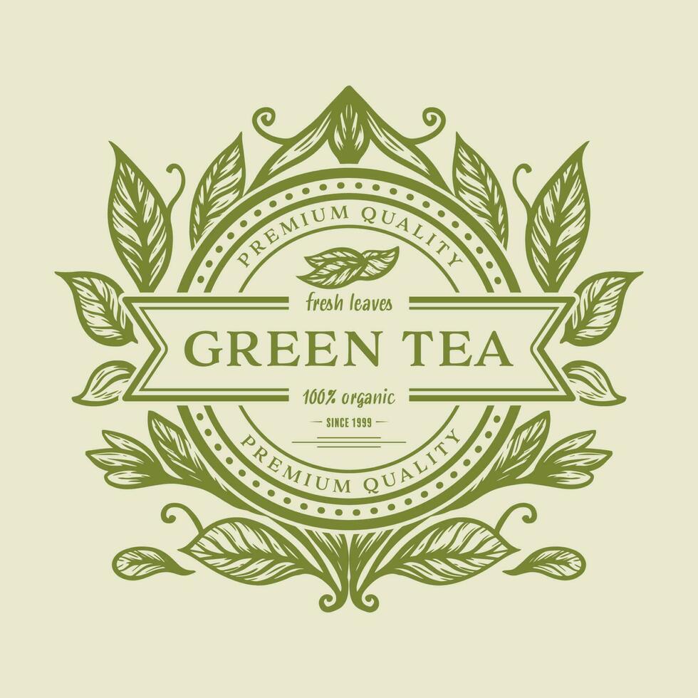 hand drawn green tea logo design with illustration of tea leaves on vintage emblem stamp vector