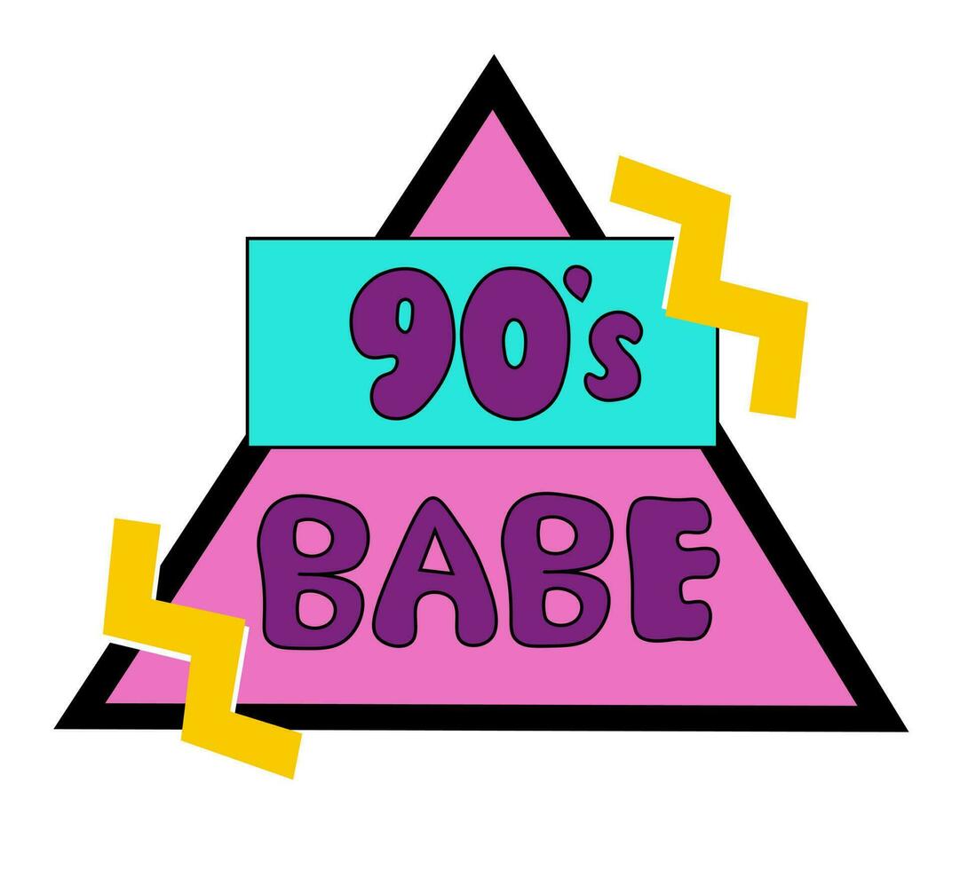 Emblem, sticker, logo and label of the 90 era. 90s Babe. Style label lettering with abstract colorful geometric shapes. Vector illustration retro flat in pop art style symbol.