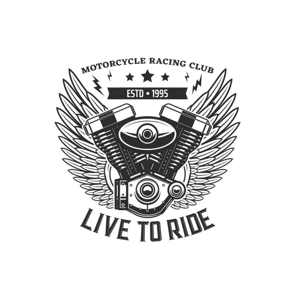 Motorcycle engine with wings monochrome icon vector