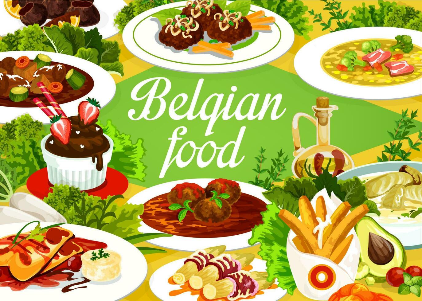 Belgian cuisine food menu, restaurant meal dishes vector