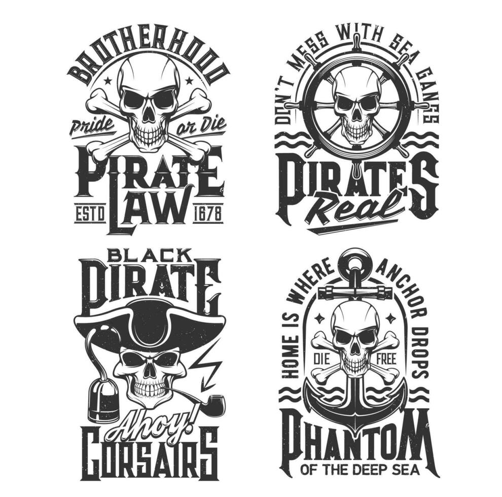 pirata capitán y corsario cráneo camiseta huellas dactilares vector