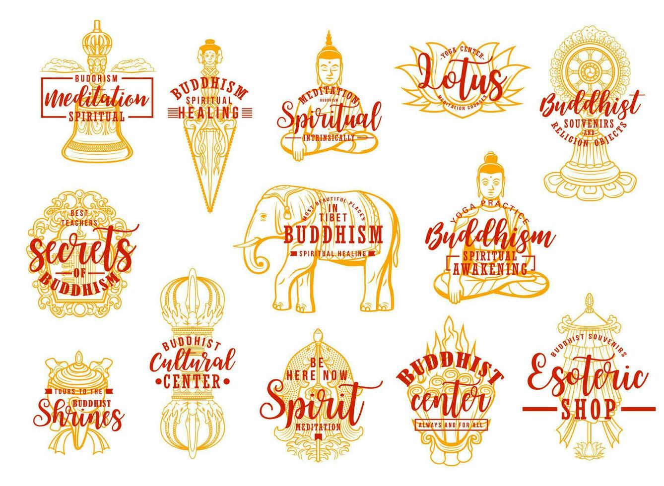 Buddhism religion symbols isolated vector icons