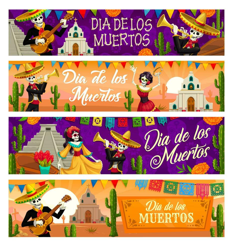 Dia de los Muertos skeletons, Day of Dead banners vector